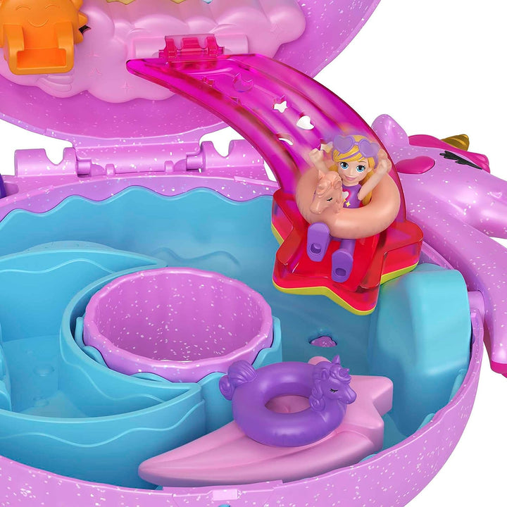 Polly Pocket Dolls and Playset, 12 Accessories, Unicorn Floatie Compact with Water Play