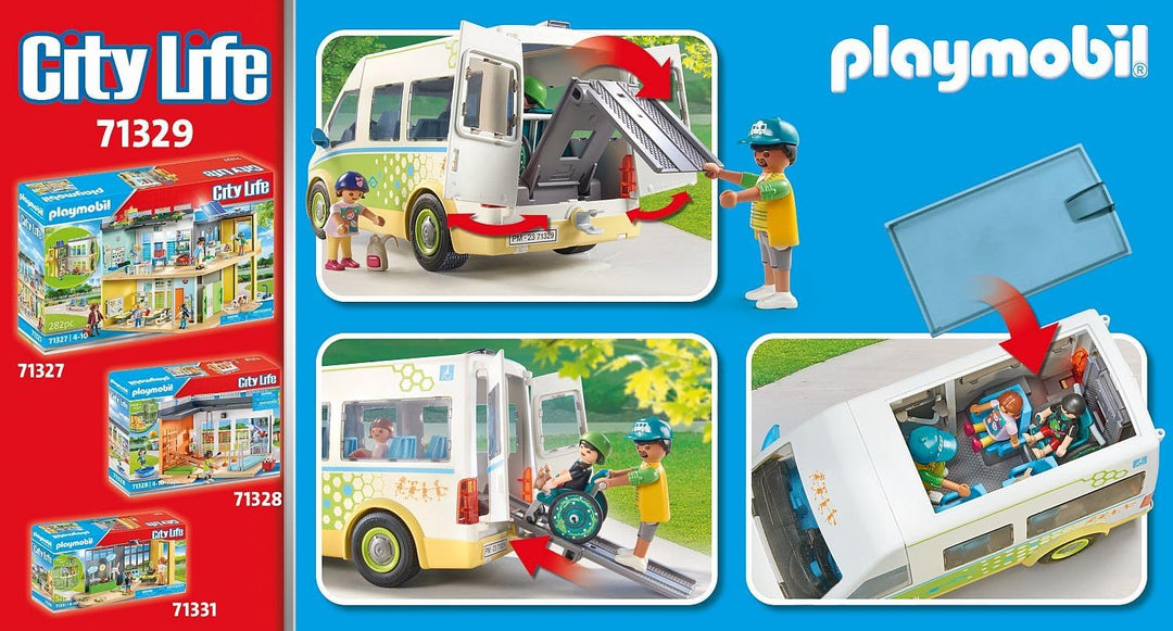 Playmobil 71329 City Life School Bus, Large school bus with sliding door and folding ramp for wheelchair