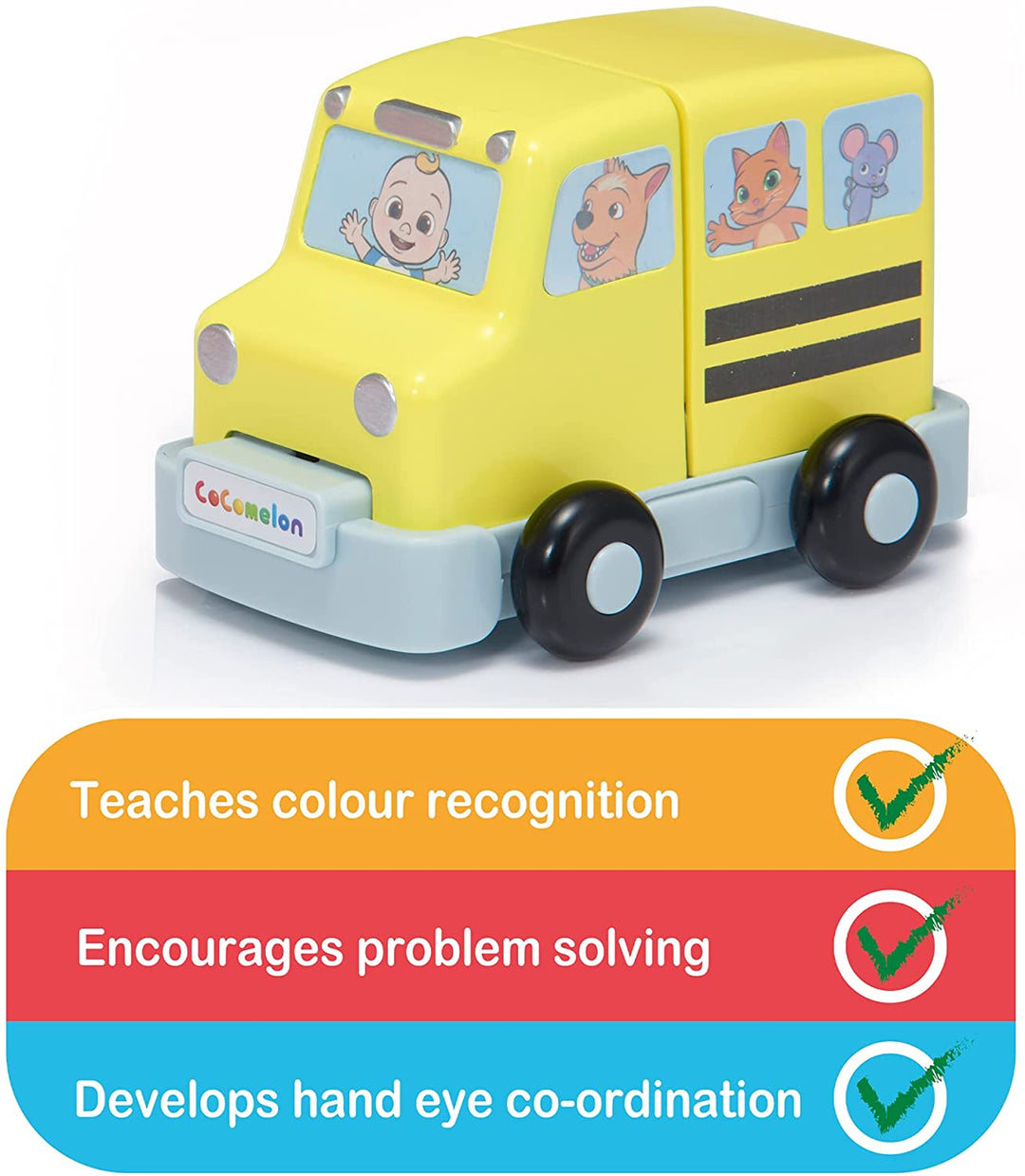 WOW! STUFF Build Musical Vehicles CoComelon JJ School Bus Fire Engine and Ice Cream Van | Sounds and Songs with Mystery Surprise Reveal | for Toddlers, Girls and Boys | Ages 2, 3, 4 and 5