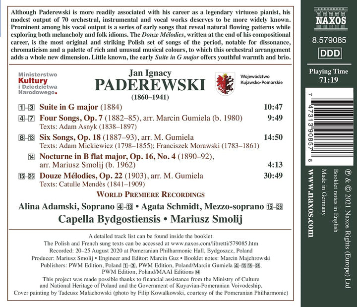 Alina Adamski - Paderewski: Lieder &amp; Melodien [Alina Adamski; Agata Schmidt; Capella Bydgostiensis; Mariusz Smolij] [Naxos: 8579085] [Audio CD]