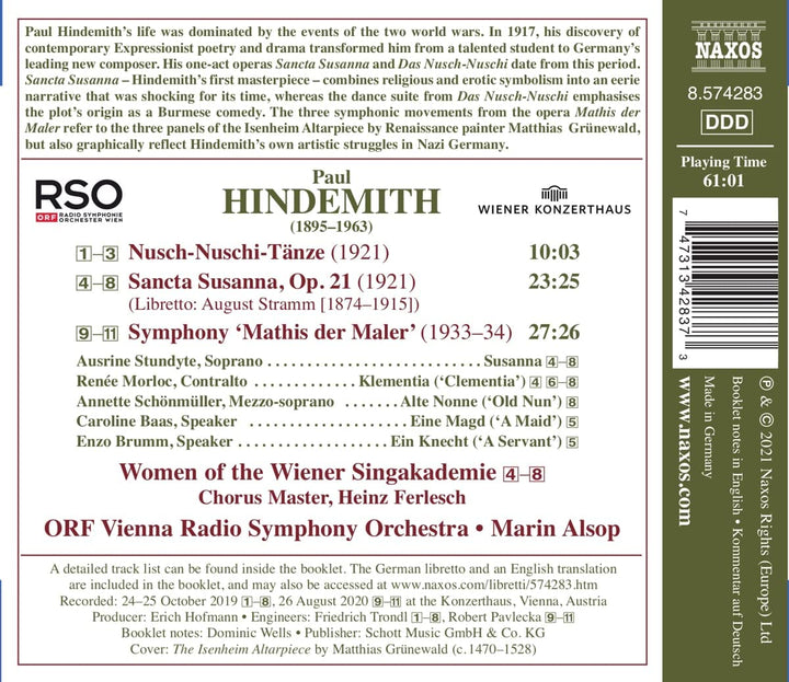 Hindemith: Mathis Der Maler [Ausrine Stundyte; Renée Morloc; ORF Vienna Radio Symphony Orchestra; Marin Alsop] [Naxos: 8574283] [Audio CD]