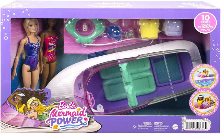?Barbie Mermaid Power Playset with 2 Barbie Dolls & 18-inch Floating Boat with S