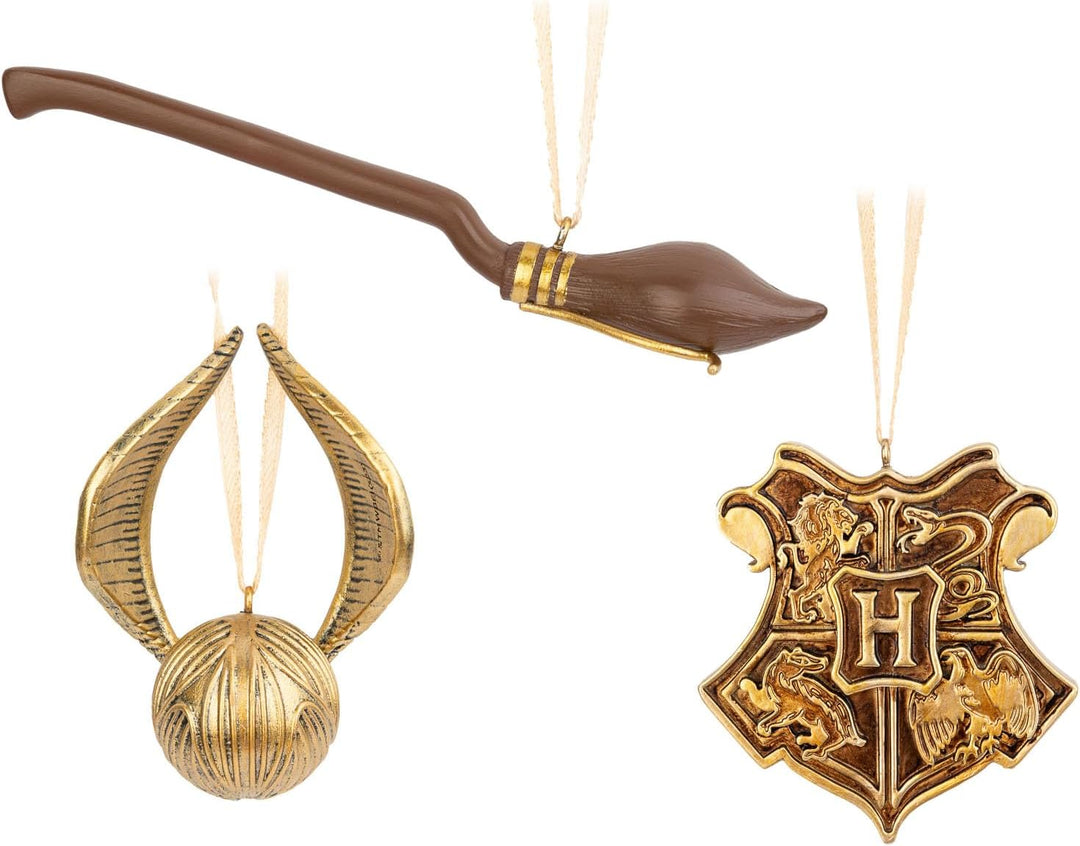 Harry Potter Christmas Ornaments | Set Of 3 - Golden Snitch, Nimbus 2000 & Hogwarts Crest