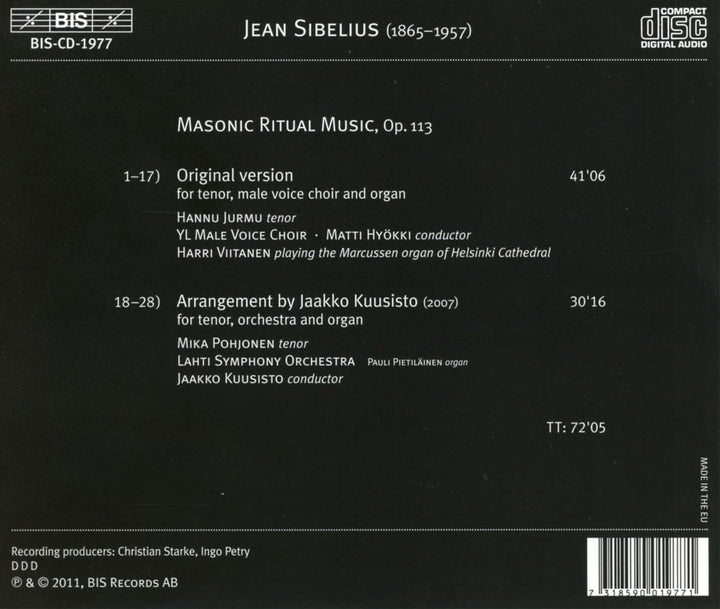 Sibelius: Masonic Ritual Music Op. 113 [Matti Hyökki, Jaako Kuusisto, Hannu Jurmu] [BIS: BIS1977] [Audio CD]