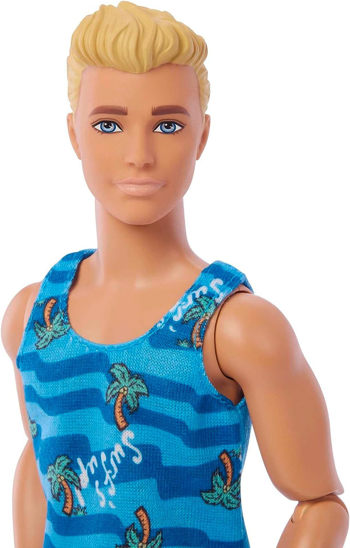 Ken Doll with Surfboard and Pet Puppy, Poseable Blonde Barbie Ken Beach Doll with Themed Accessories like Towel