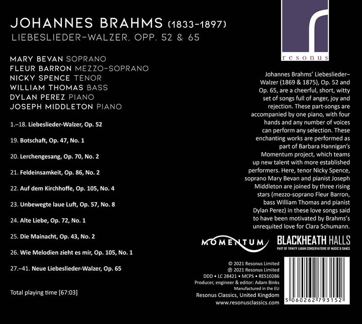 Brahms: Liebeslieder [Mary Bevan; Fleur Barron; Nicky Spence; William Thomas; Dylan Perez; Joseph Middleton] [Resonus Classics: RES10286] [Audio CD]