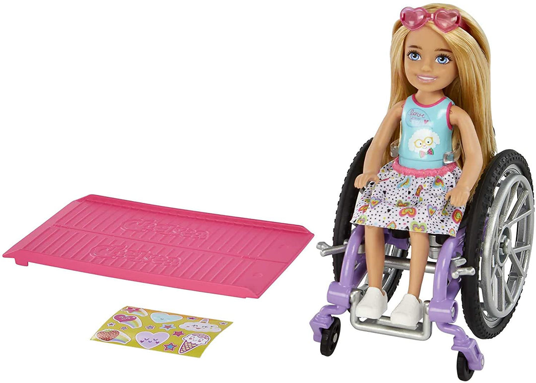 Barbie Chelsea Doll & Wheelchair, with Chelsea Doll (Blonde), in Skirt & Sunglas