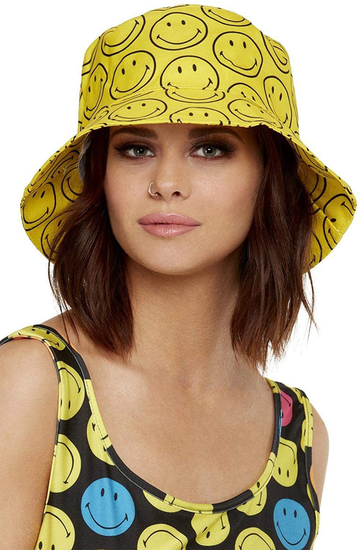 Smiffys 52419 Officially Licensed Smiley Printed Bucket Hat, Unisex Adult, Yellow, One Size
