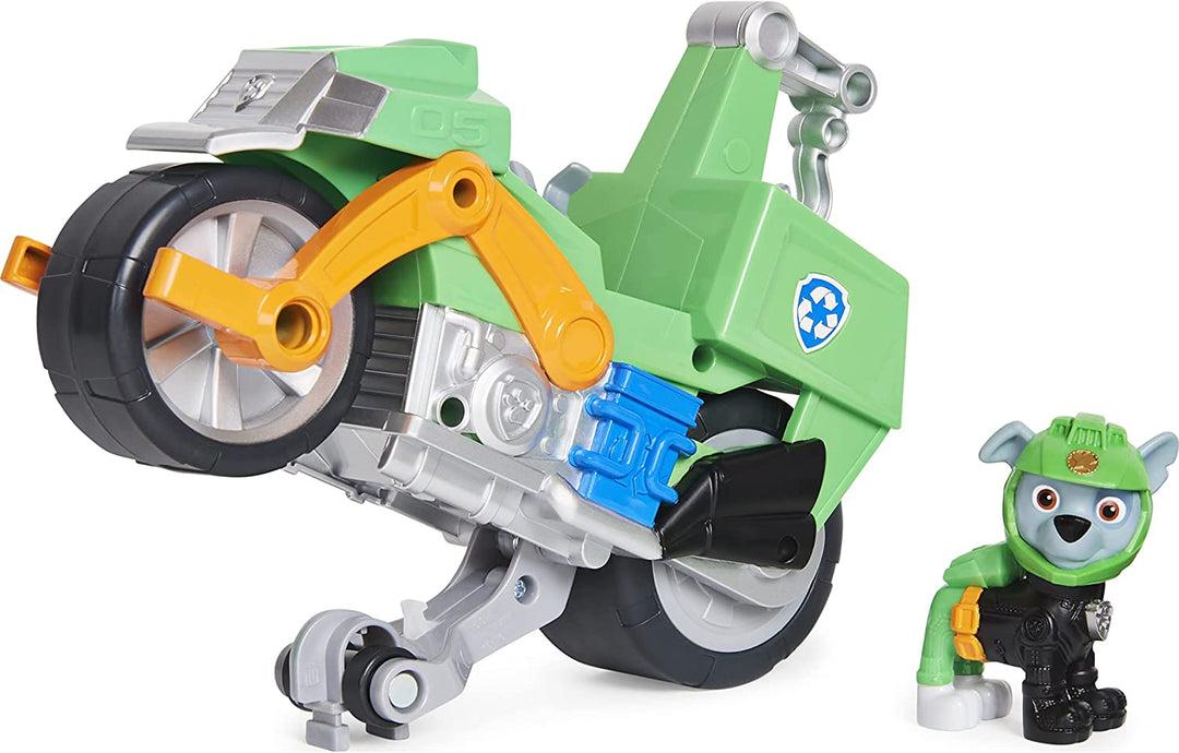 PAW Patrol Moto Pups Rocky’s Deluxe Pull Back Motorcycle Vehicle with Wheelie Fe