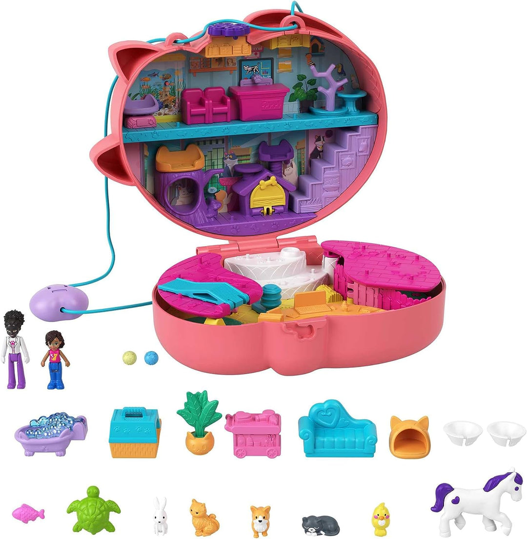 Polly Pocket Starring Shani Cuddly Cat Purse, Pet Vet Theme with 2 Micro Dolls