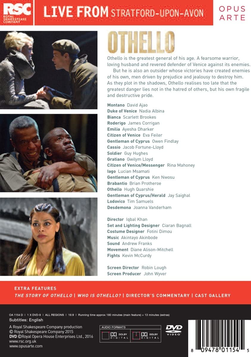 Shakespeare:Othello [Hugh Quarshie; Lucian Msamati; Joanna Vanderham; Jacob Fortune-Lloyd,Iqbal Khan ] [OPUS ARTE: OA1154D] [2016] - Drama [DVD]