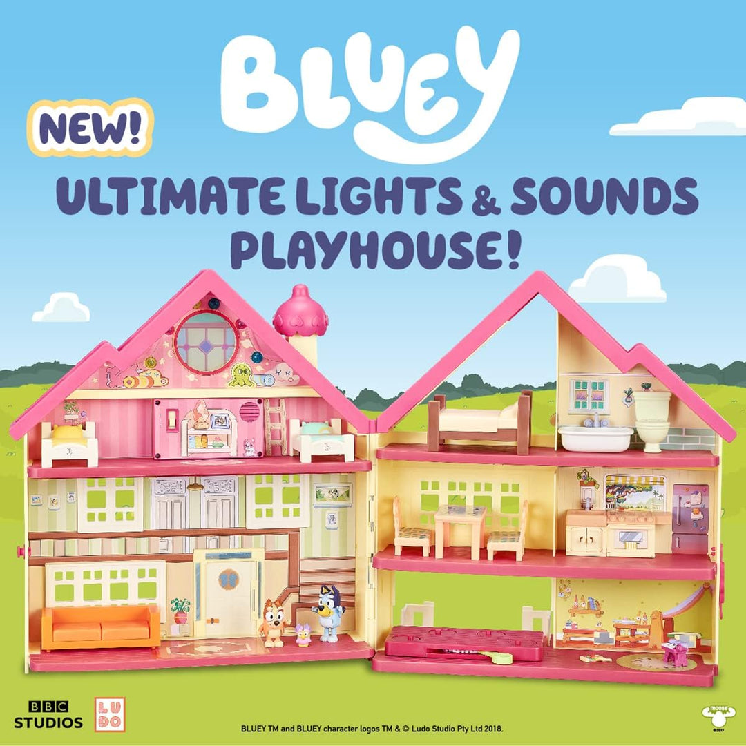 Bluey Ultimate Lights & Sounds Furnished Playhouse Official Collectable 2.5 inch Posable Figures and Accessories