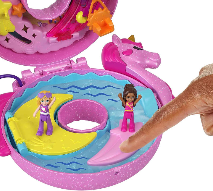 Polly Pocket-Puppen und Spielset, 12 Zubehörteile, Einhorn-Floatie-Kompaktdose mit Wat