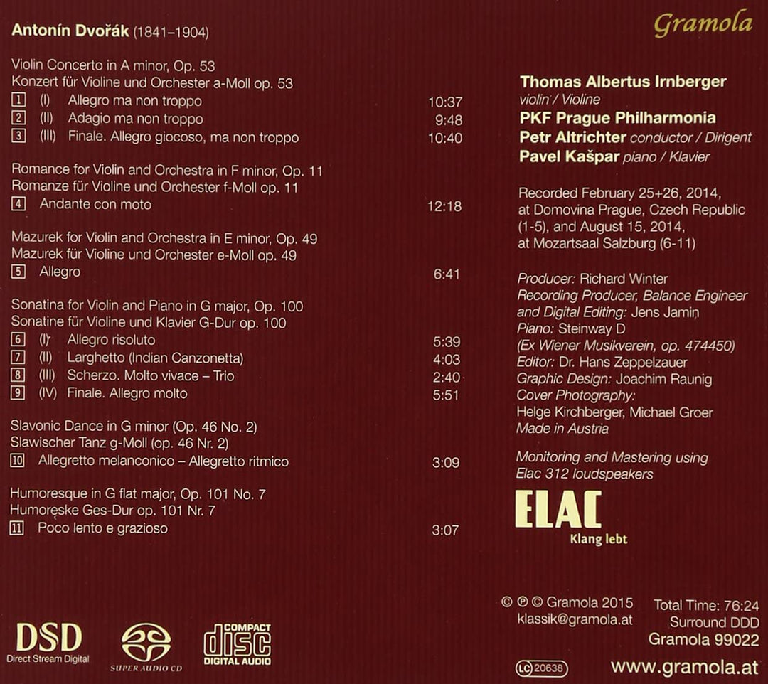 Dvorak:Violinkonzert [Thomas Albertus Irnberger; Prague Philharmonia; Pavel Kaspar, Petr Altrichter] [GRAMOLA: 99022] [Audio CD]
