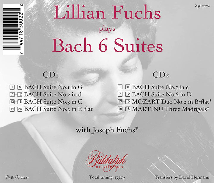 Bach: 6 Suiten [Lillian Fuchs] [Biddulph Recordings: 85002-2] [Audio CD]