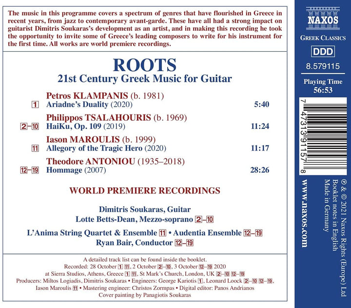 Klampanis: Roots [Dimitris Soukaras; Lotte Betts-Dean; L'Anima String Quartet & Ensemble; Audentia Ensemble; Ryan Bair] [Naxos: 8579115] [Audio CD]