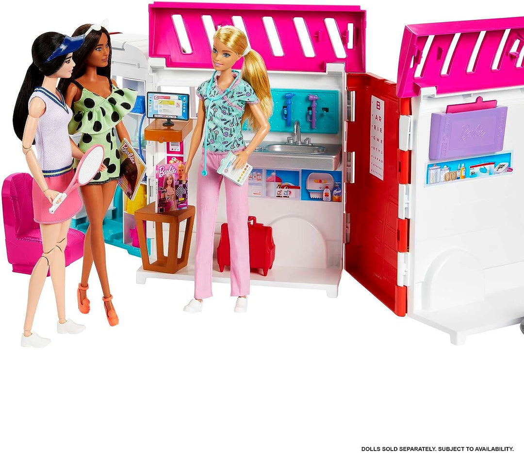Barbie Toys, Transforming Ambulance and Clinic Playset with Lights, Sounds and Transforms into Care Clinic