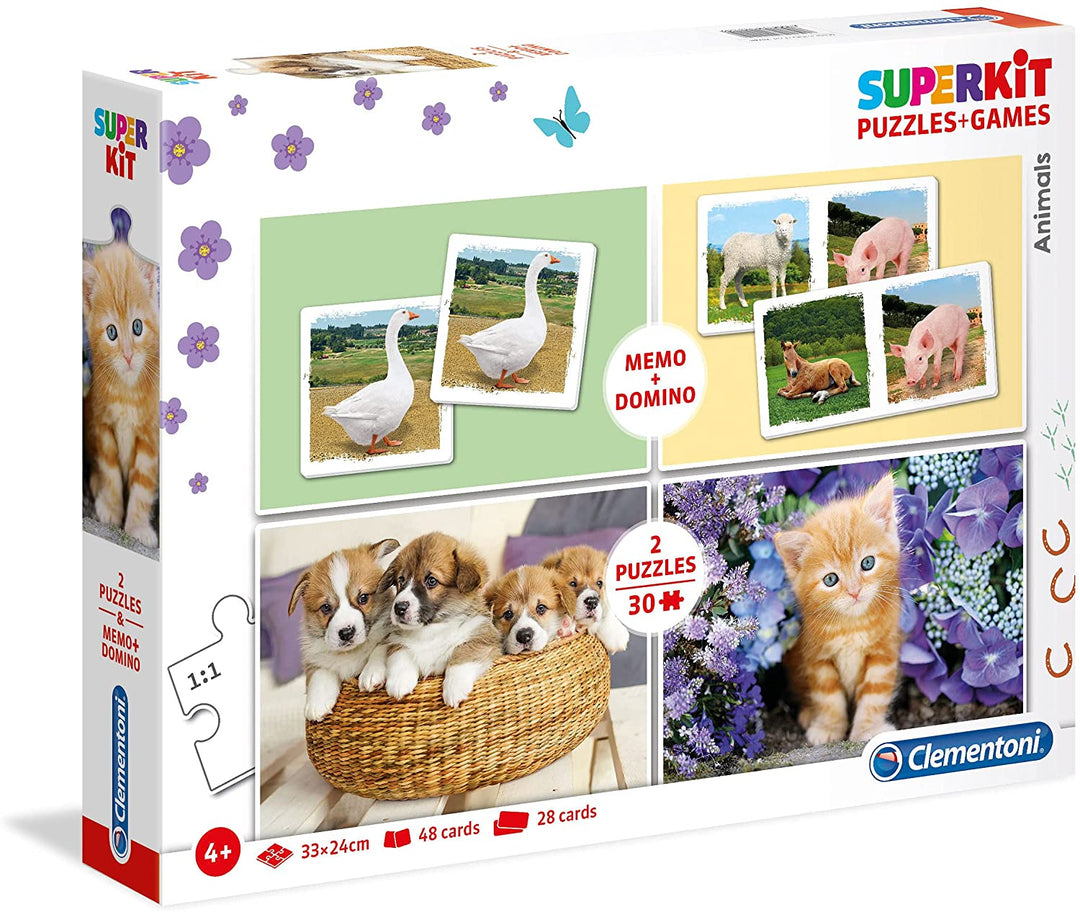 Clementoni - 20240 - Superkit - Animals - Made in Italy - jigsaw puzzle children age 4, domino and memory game