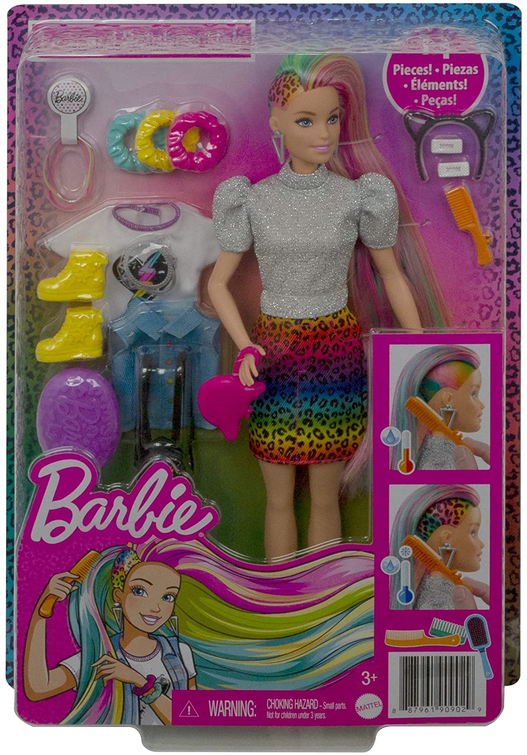 Barbie Leopard Rainbow Hair Doll (Blonde) with Color-change Hair Feature, 16 Hair & Fashion Play Accessories Including Scrunchies, Brush, Fashion Tops, Cat Ears, Cat Purse for Kids 3 to 7 Years Old