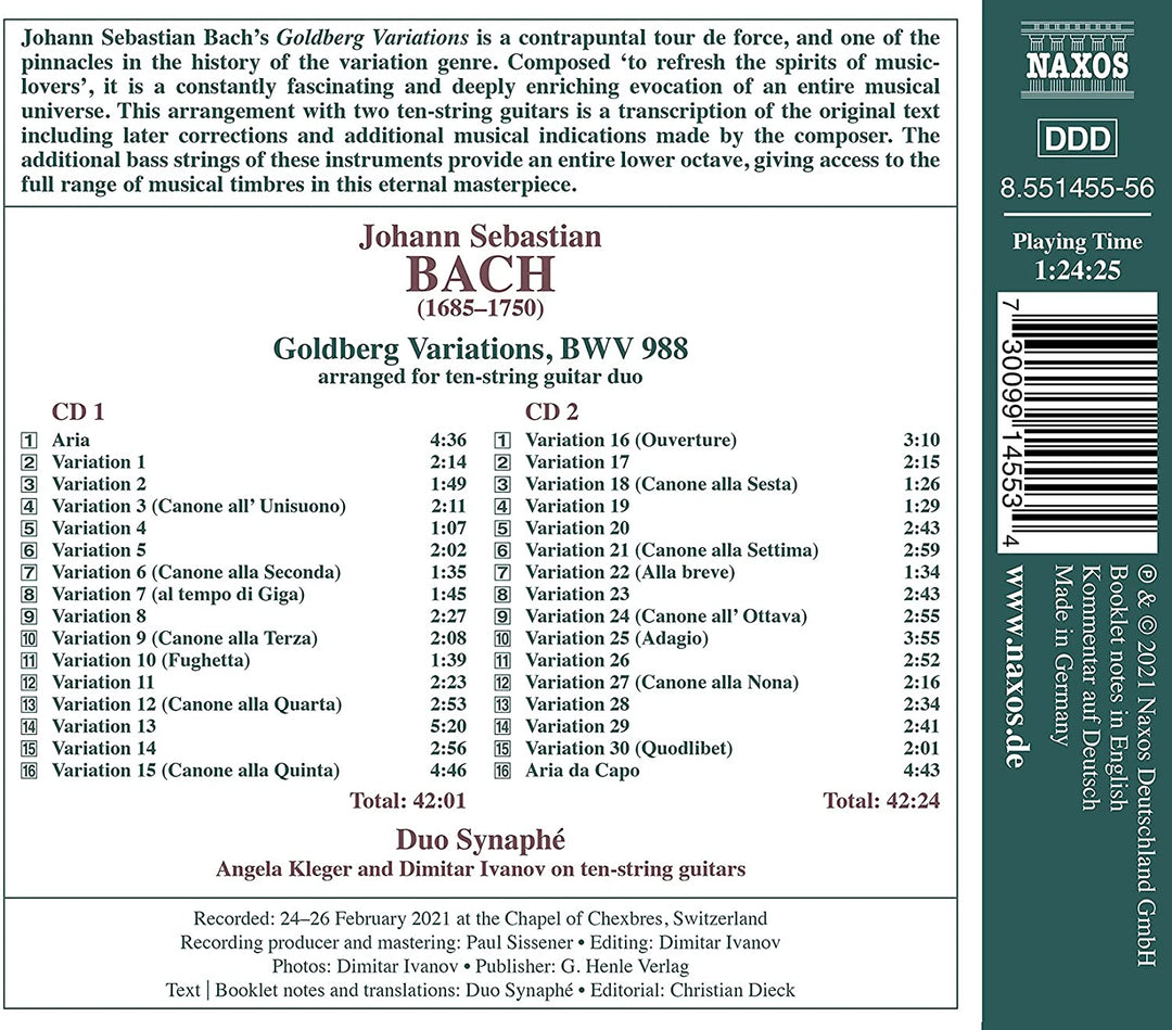 Bach: Goldberg-Variationen [Duo Synaphé: Dimitar Ivanov; Angela Kleger] [Naxos: 8551455-56] [Audio CD]