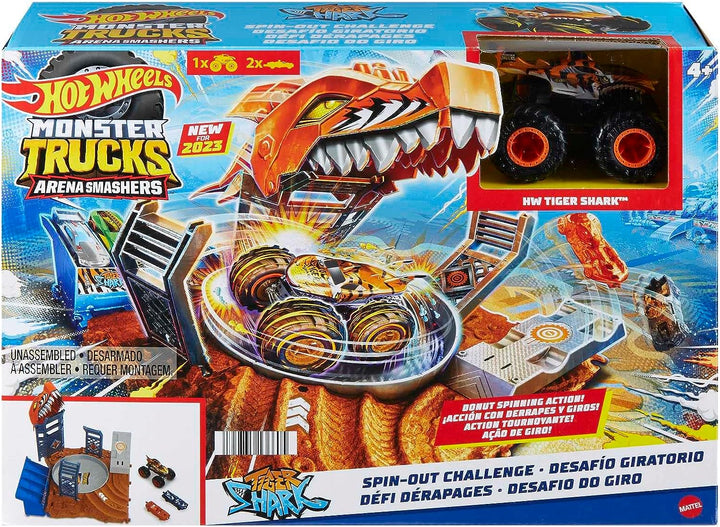 ?Hot Wheels Monster Trucks Arena Smashers Tiger Shark Spin-Out Challenge with a 1:64 Scale Tiger Shark and 2 Crushable Cars