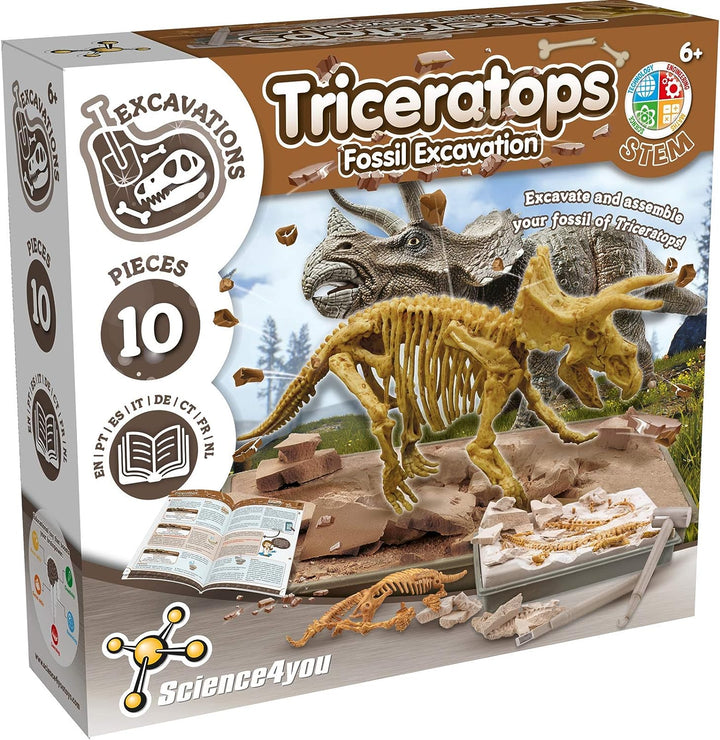 Science4you - Triceratops Fossil Digging Kit for Kids +6 - Excavate and assemble 10 Triceratops Fossiles