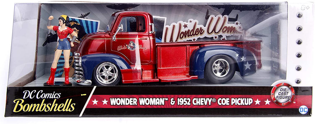Jada Toys 253255010 DC Bombshells 1952 Chevy COE Pickup Car Toy Car from Diecast, Doors, Boot & Bonnet to Open, Includes Wonder Woman Figure, 1:24 Scale, Red/Blue