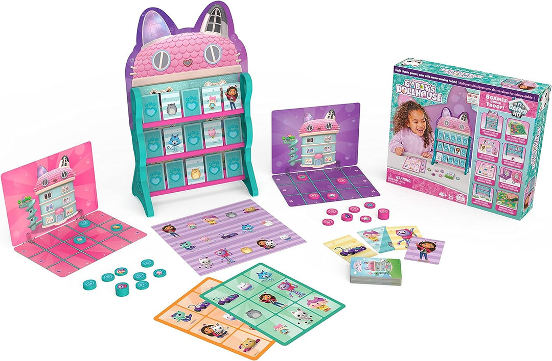 Gabby’s Dollhouse, Games HQ Checkers Tic Tac Toe Memory Match Go Fish Bingo Cards