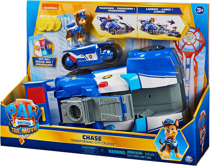 PAW Patrol Chase’s 2-in-1 Transforming Movie City Cruiser Toy Car with Motorcycle, Lights and Sounds and Collectible Action Figure, Kids Toys for Ages 3 and up