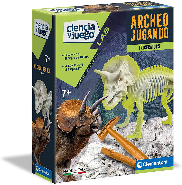 Clementoni -55031 - Arqueojugando Triceratops Phosphorescent - Science Game for Digging and Riding Dinosaurs Ages 7 and Up