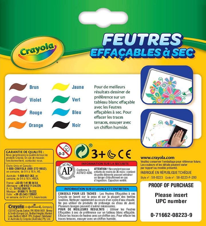 Crayola – 8 Erasable Felt-Tip Pens (Large Point) – French Box – Creative Hobbies – Felt Tip Pens and Fancy Accessories – For Ages 3 and Up – Drawing and Colouring Game