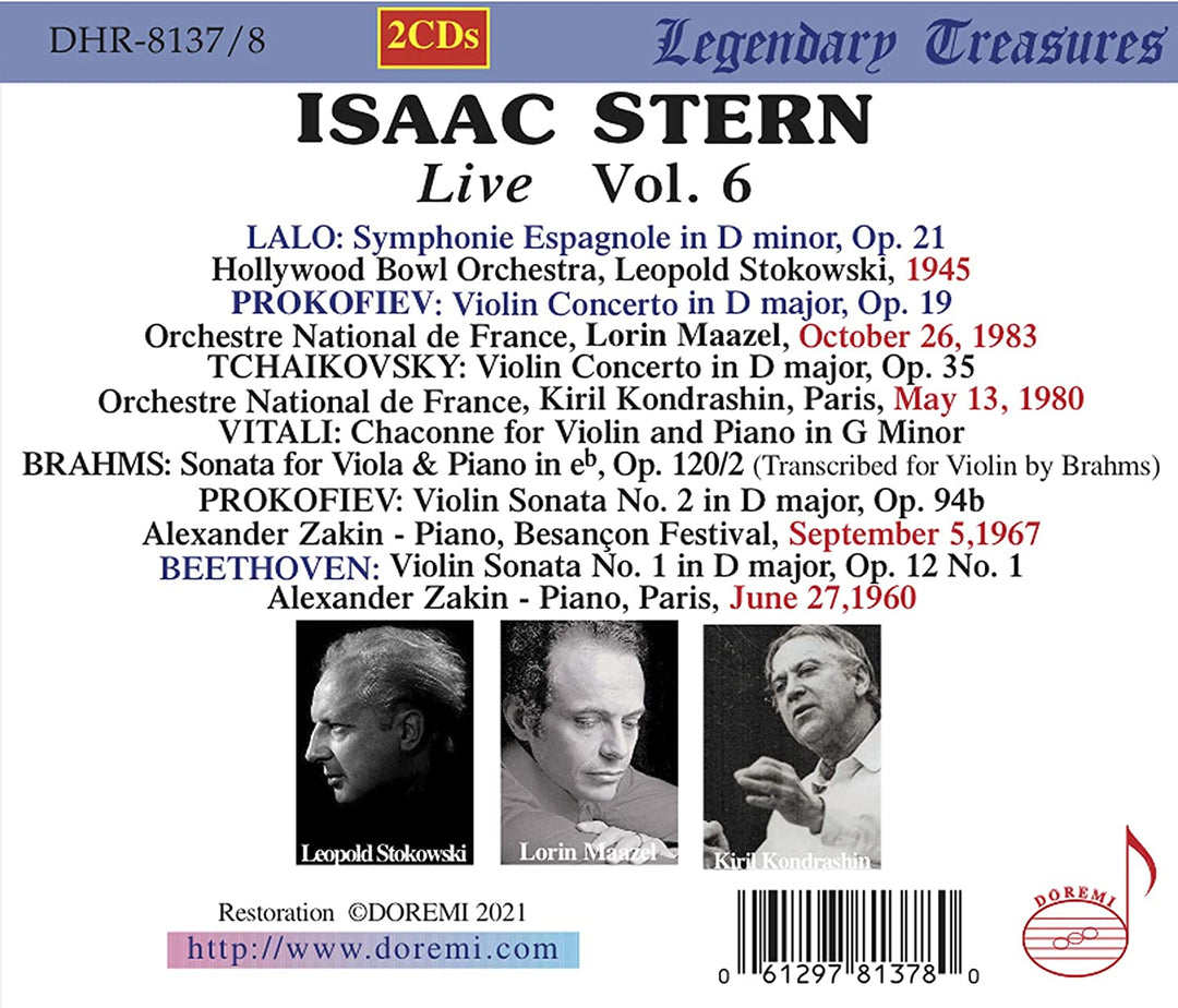 Isaac Stern - Live Vol.6 [Isaac Stern; Hollywood Bowl Orchestra; Orchestre National de France; Alexander Zakin; Leopold Stokowski; Lorin Maazel] [Doremi: DHR-8137/8] [Audio CD]