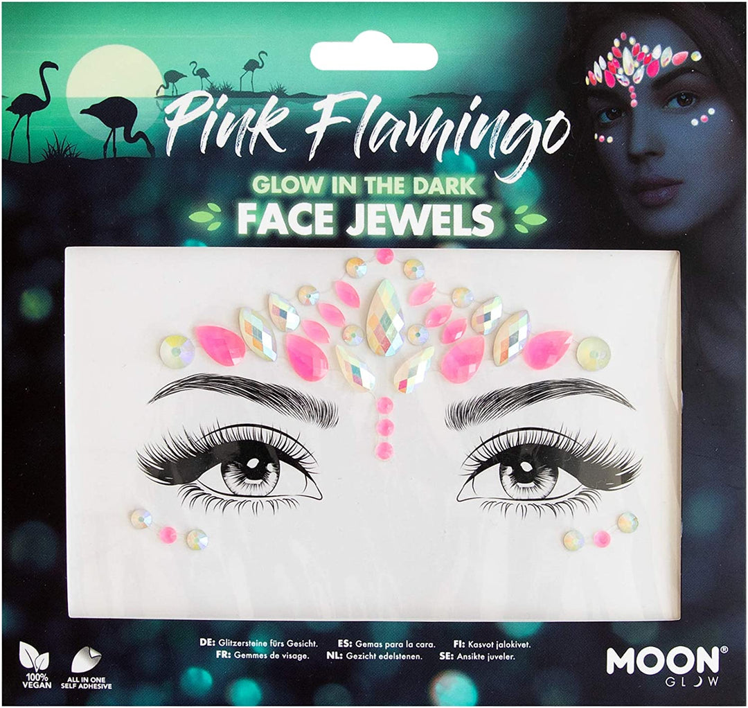 Glow in the Dark Face Jewels by Moon Glow - Festival Face Body Gems, Crystal Make up Eye Glitter Stickers, Temporary Tattoo Jewels (Pink Flamingo)