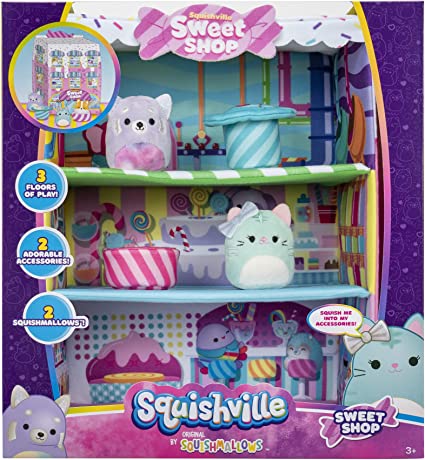 Squishville by Squishmallows SQM0341 Sweet Shop-Playset with 2-Inch Priya The Purple Panda, Tres’zure The Teal Cat & Bistro Table and Chair-Toys for Kids