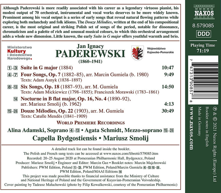 Alina Adamski - Paderewski: Lieder &amp; Melodien [Alina Adamski; Agata Schmidt; Capella Bydgostiensis; Mariusz Smolij] [Naxos: 8579085] [Audio CD]