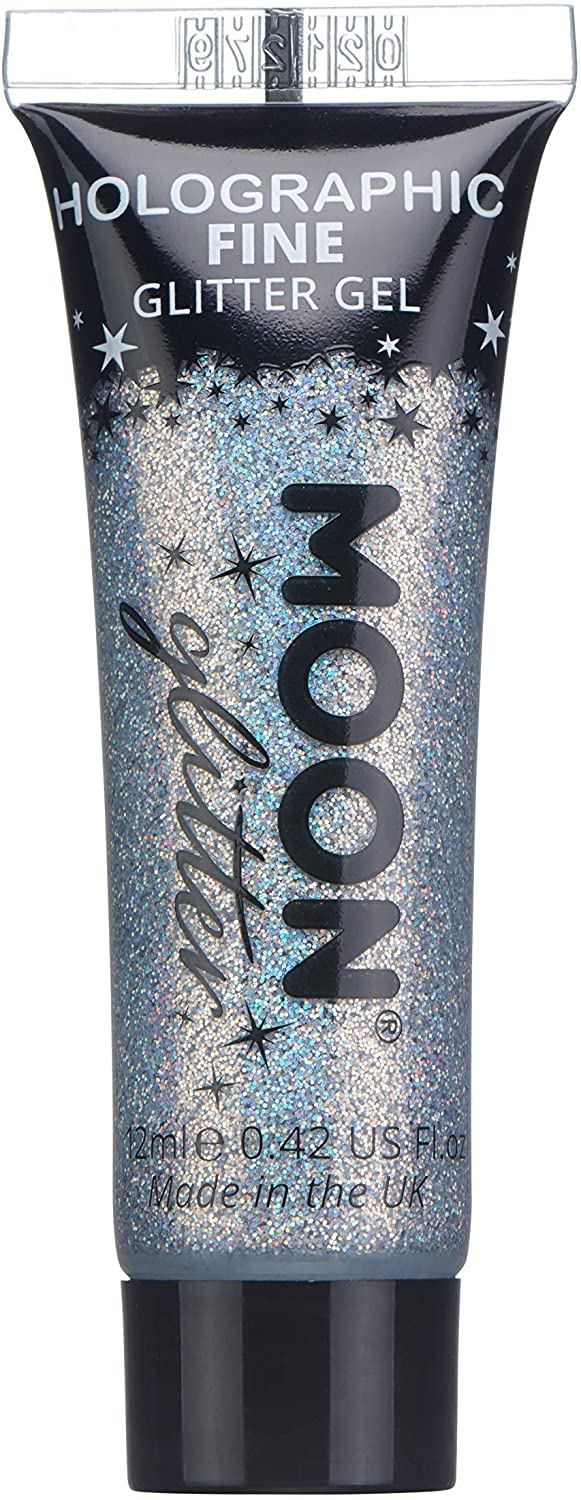 Holographic Fine Face & Body Glitter Gel by Moon Glitter - Silver - Cosmetic Festival Glitter Face Paint for Face, Body, Hair, Nails - 12ml