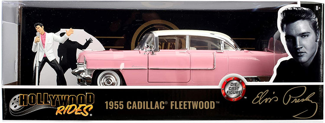 Jada Toys Elvis Presley Cadillac Fleetwood 1955, Druckguss im Maßstab 1:24, Türen zum Öffnen, Kofferraum und Motorhaube, inklusive Elvis-Figur, Pink