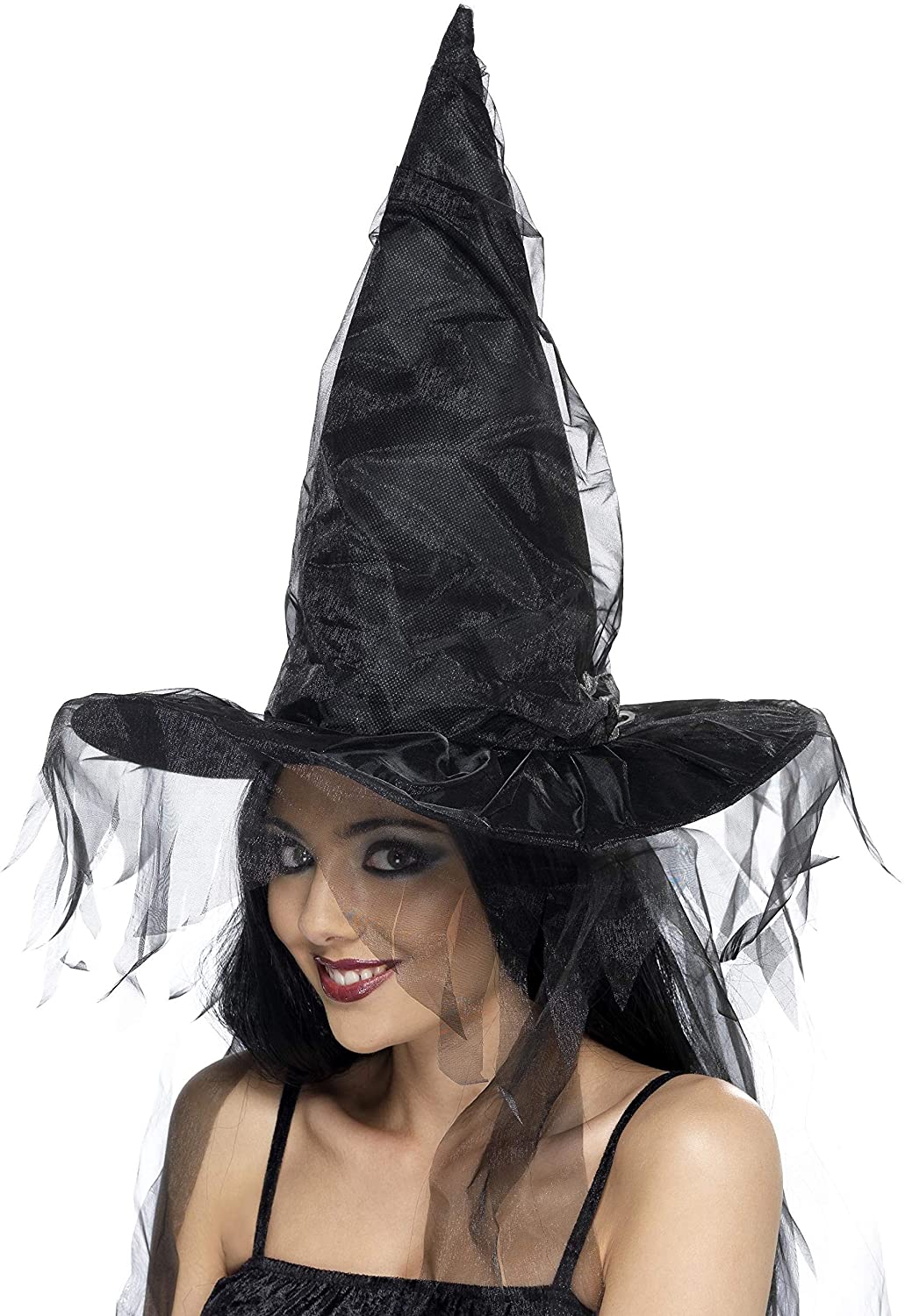 Smiffys Witches Hat with Long Net Hair - Black