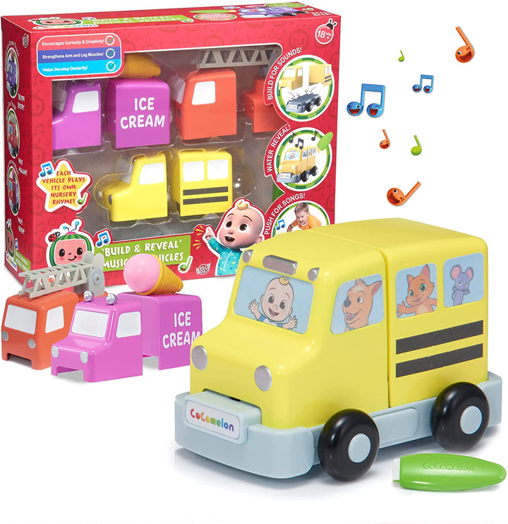 WOW! STUFF Build Musical Vehicles CoComelon JJ School Bus Fire Engine and Ice Cream Van | Sounds and Songs with Mystery Surprise Reveal | for Toddlers, Girls and Boys | Ages 2, 3, 4 and 5