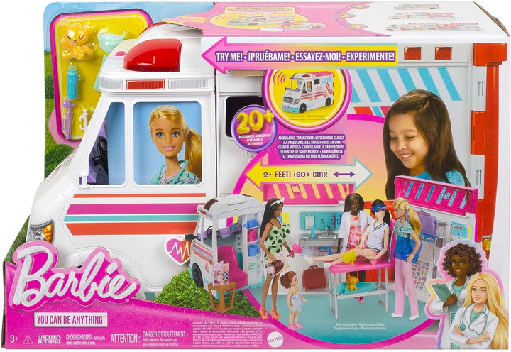 Barbie Toys, Transforming Ambulance and Clinic Playset with Lights, Sounds and Transforms into Care Clinic