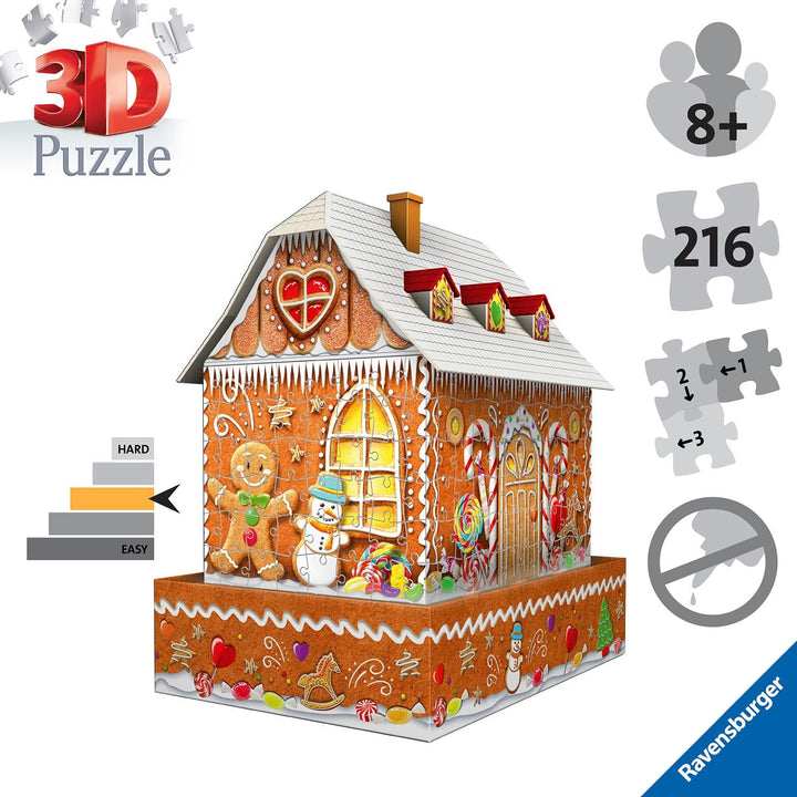 Ravensburger Christmas Gingerbread House 216 Piece 3D Jigsaw Puzzle for Adults and Kids Age 8 Years Up - Night Edition with LED Lighting