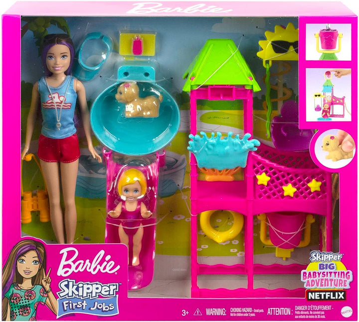 ?Barbie Toys, Skipper-Puppe und Wasserpark-Spielset mit funktionierender Wasserrutsche, Welpe