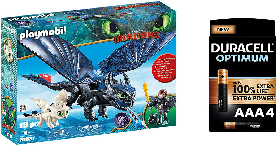 Playmobil 70037 DreamWorks Dragons, Hiccup and Toothless with Baby Dragon, Duracell Optimum AAA Alkaline Batteries Pack of 4