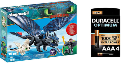 Playmobil 70037 DreamWorks Dragons, Hiccup and Toothless with Baby Dragon, Duracell Optimum AAA Alkaline Batteries Pack of 4