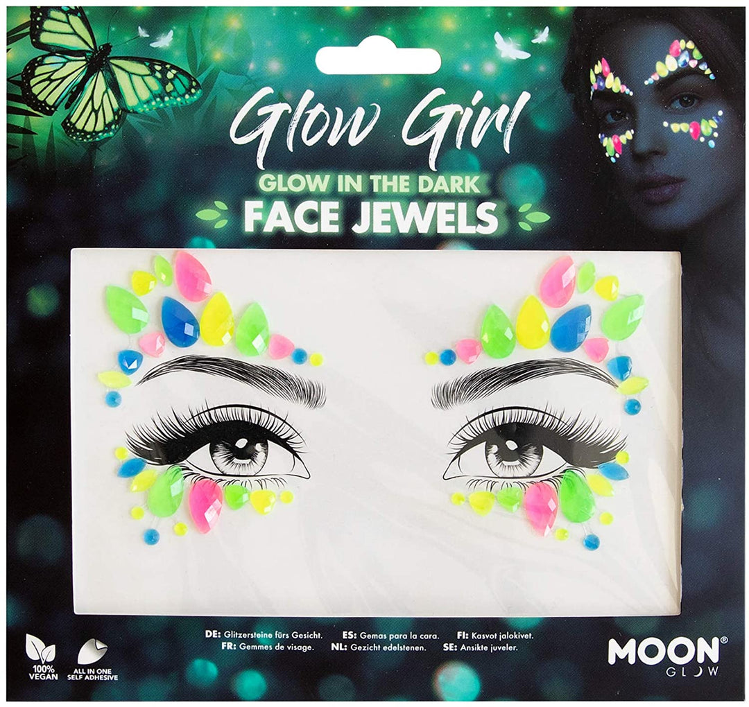 Glow in the Dark Face Jewels by Moon Glow - Festival Face Body Gems, Crystal Make up Eye Glitter Stickers, Temporary Tattoo Jewels (Glow Girl)