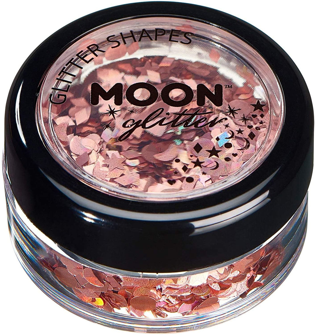Holographic Glitter Shapes by Moon Glitter - Rose Gold - Cosmetic Festival Makeup Glitter for Face, Body, Nails, Hair, Lips - 3g
