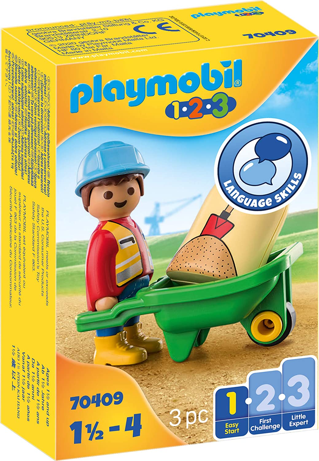 Playmobil 1.2.3 70409 Construction Worker with Wheelbarrow, for Children Ages 1.