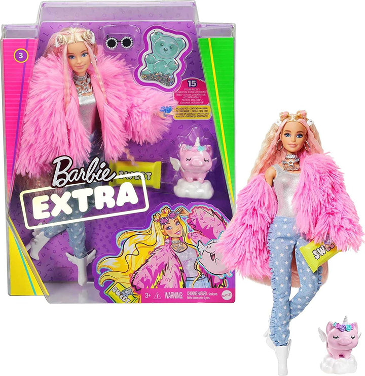 Barbie Extra Doll in Pink Fluffy Coat with Unicorn Pig Toy
