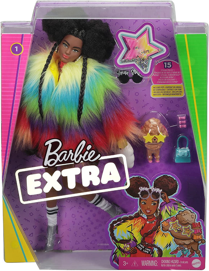Barbie Extra Doll in Rainbow Coat with Pet Dog Toy