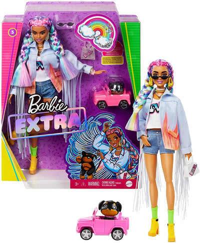 Barbie Extra Doll 5 in Long Fringe Denim Jacket with Pet Puppy for Kids 3 Years